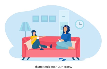 Vector of a mother and a teen daughter talking sitting on a sofa at home. 