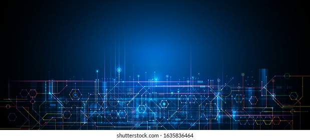 Vector motherboard or circuit board on blue background. Illustration computer hardware, integrated circuit system design. Abstract hi-tech futuristic, digital engineering, science technology concept