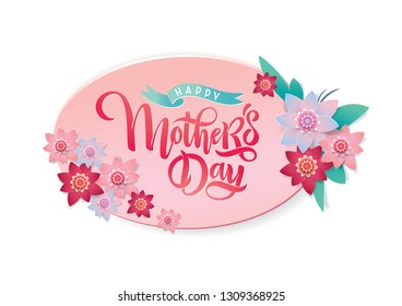 Vector Mother's day bright greeting card with festive beautiful calligraphy lettering, spring red and pink blossom flowers frame background, ribbon. Text Happy Mother's Day for celebration MOM day.