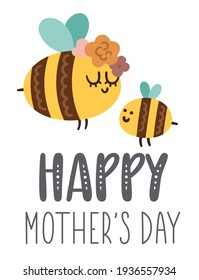 Vector Mothers Day card with cute boho insect. Pre-made design with bumblebee and mother. Bohemian style poster with bee family and flowers on white background