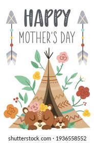 Tarjeta Vector Mothers Day con adorable elemento boho. Diseño prefabricado con oso bebé de bosque con madre. Afiche de estilo bohemio con familia animal, peluca y flores de fondo blanco