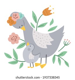 Vector Mothers Day Card With Cute Boho Animal. Pre-made Design With Baby Bird And Mother. Bohemian Style Poster With Goose Family And Flowers On White Background