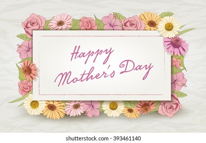 Vector Mother's Day card design template with colorful vintage hand drawn flowers.
