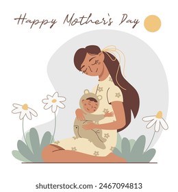 Vector Mother`s Day card. Nice cartoon mom with little son in a flowers. Young beautiful woman with her child. Happy motherhood and childhood.