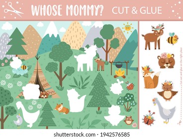 Vector Mothers day cut and glue activity. Holiday educational crafting game with wild baby animals and their mommies in the forest. Fun spring printable worksheet for kids. Whose mother page 

