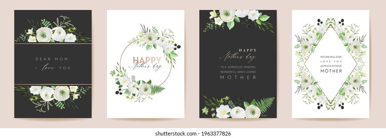 Vector Mothers day elegant floral greetings. Watercolor classic flowers frame set. Spring flower design for Mother party, woman gold template. Modern poster, Mom banner postcard, Nature invite cards