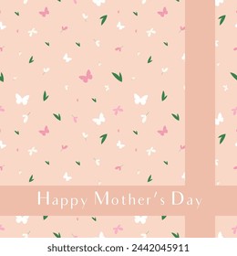 Vector Mother's Day greeting card with a scattering of delicate spring flowers and butterflies in flat style.
