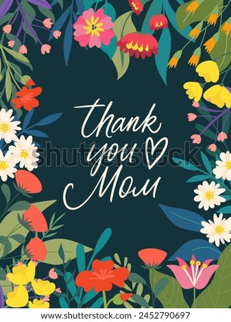 Vector Mother's Day greeting card. Hand drawn banner with spring flowers around calligraphy Thank you Mom. Floral frame