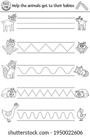 Vector mothers day handwriting practice worksheet. Spring printable black and white activity for pre-school children. Forest tracing game for writing skills with cute animals and their babies


