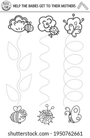 Vector mothers day handwriting practice worksheet. Spring printable black and white activity for preschool children. Tracing game for writing skills with cute insects, flowers and their babies


