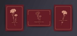 Vector Of Mother's Day Invitation Card Template Set. Luxury Vintage With Golden Carnation Flower Decoration.