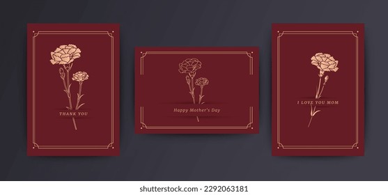 Vector of Mother's Day invitation card template set. Luxury vintage with golden carnation flower decoration.