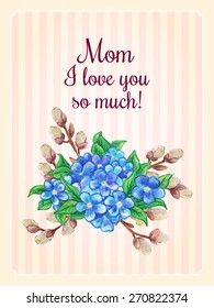 Vector Mothers Day lettering greeting card, with retro style flowers. 