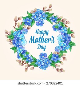 Vector Mothers Day lettering greeting card, with retro style flowers. 