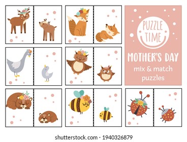 Vector Mothers day mix and match puzzle with baby animals and their mothers. Matching activity for preschool children. Educational printable game for kids with cute forest characters
