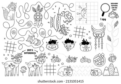 Colocación del día de las madres vectoras para los niños. Amor familiar y actividad imprimible de paz con laberinto, gráficos de dedos de tac tic, conectar los puntos, encontrar la diferencia. Pista de juego en blanco y negro Boho o página de color
