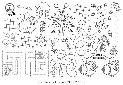 Vector mothers day placemat for kids. Family love and peace printable activity mat with maze, tic tac toe charts, connect the dots, find difference. Boho black and white play mat or coloring page
