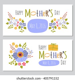 Vector Mothers Day set of horizontal banner templates. Colorful banners with floral bouquets and hand drawn lettering. For greeting cards, posters, brochures, invitations, scrapbooking, calendars. 