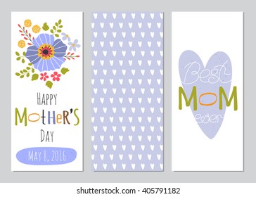 Vector Mothers Day set of vertical banner templates. Colorful banners with floral bouquets and hand drawn lettering. For greeting cards, posters, brochures, invitations, scrapbooking, calendars. 