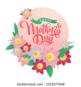 Vector Mother's day springtime greeting card, festive beautiful calligraphy lettering, spring red and pink blossom flowers frame background, ribbon. Text Happy Mother's Day for celebration MOM day.