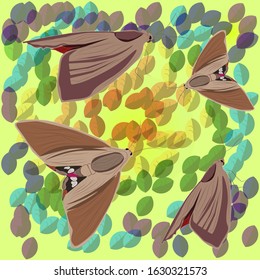 Vector, moths drawn on a background of colorful leaves