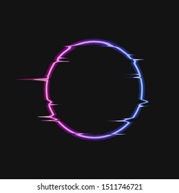 Vector Motion Light Circle Neon Template Isolated on Dark Background, Black Glitches Frame, Gradient Glowing Round Shape.