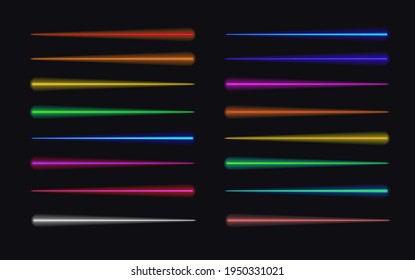 Vector Motion Lights, Abstract Glow in the Dark Lines, Rainbow Colors, Isolated on Black Background Set, Dynamic Lights.