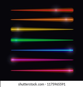 Vector Motion Lights, Abstract Glowing Lines, Rainbow Colors, Isolated on Black Background Set.