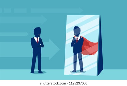 Vector of a motivated business man facing himself as a super hero in the mirror. Self confidence concept