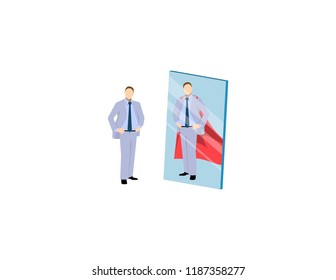 Vector of a motivated business man facing himself as a super hero in the mirror. Self confidence concept