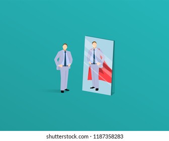 Vector of a motivated business man facing himself as a super hero in the mirror. Self confidence concept