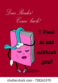 Vector motivating card for reading books with sad female cartoon character
