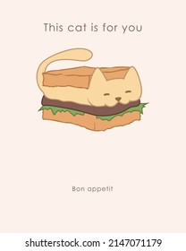 Vektormotivierendes Poster mit Katzen. Grußkarten mit Tieren. Katze und Feiertagsgrüße: Diese Katze ist für dich, Guten Appetit. Cute chubby Katze, Liebe und Purpur, miau! In weicher Pastellfarbe. Geschenkanhänger, Karte