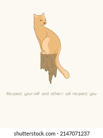 Cartel de motivación vectorial con gatos. Tarjetas de felicitación con animales. Saludos de gatos y festividades: Respétate a ti mismo y otros te respetarán. Cute gatito gorrón, amor y ronroneo, ¡mau! En tonos pastel suaves