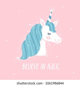 Vector motivation card with unicorn head, stars, and text "Believe in magic". Sweet fantasy background with inspirational words.