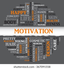 Vector MOTIVATION concept related words in tag round cloud isolated on gray background with different association sport and fitness terms. The effect of torn paper
