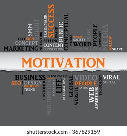 Vector MOTIVATION concept related words in tag cloud isolated on gray with different association internet, trade and business terms. The effect of torn paper 