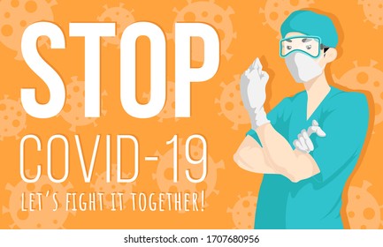 Vector motivation illustration with doctor with face mask requesting people avoid 2019-ncov and Covid-19 spreading by staying at home. Stop coronavirus horizontal concept banner.