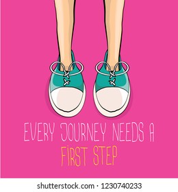 vector motivation quote Every journey needs a first step with colorful hand drawn vintage hipster sneakers isolated on pink background. First step concept background