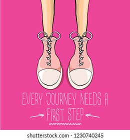 vector motivation quote Every journey needs a first step with colorful hand drawn vintage hipster sneakers isolated on pink background. First step concept background