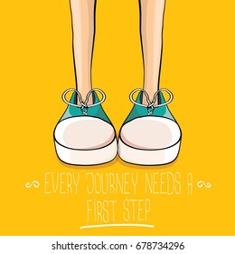 vector motivation quote Every journey needs a first step with colorful hand drawn vintage hipster sneakers isolated on orange background. First step concept background