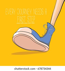 vector motivation quote Every journey needs a first step with colorful hand drawn vintage hipster sneakers isolated on orange background. First step concept background