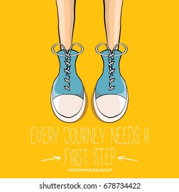 vector motivation quote Every journey needs a first step with colorful hand drawn vintage hipster sneakers isolated on orange background. First step concept background