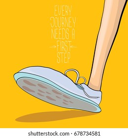 vector motivation quote Every journey needs a first step with colorful hand drawn vintage hipster sneakers isolated on orange background. First step concept background