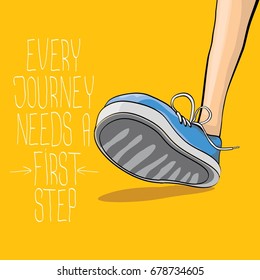 vector motivation quote Every journey needs a first step with colorful hand drawn vintage hipster sneakers isolated on orange background. First step concept background