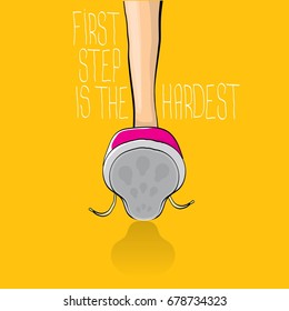 vector motivation quote First step is the hardest with colorful hand drawn vintage hipster sneakers isolated on orange background. First step concept background
