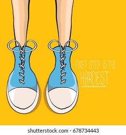 vector motivation quote First step is the hardest with colorful hand drawn vintage hipster sneakers isolated on orange background. First step concept background