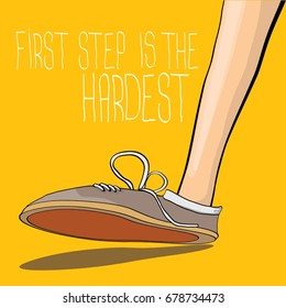 vector motivation quote First step is the hardest with colorful hand drawn vintage hipster sneakers isolated on orange background. First step concept background