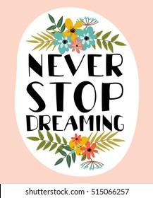 vector motivational card. beautiful lettering with decorative elements of flowers, fruits and plants. never stop dreaming