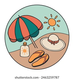 Vector motivational emblem with sun, Beach umbrella, hat, flipflop, sunscreen for Summer vacation, travel, beach elements. Hand drawn vector doodles in flat style.